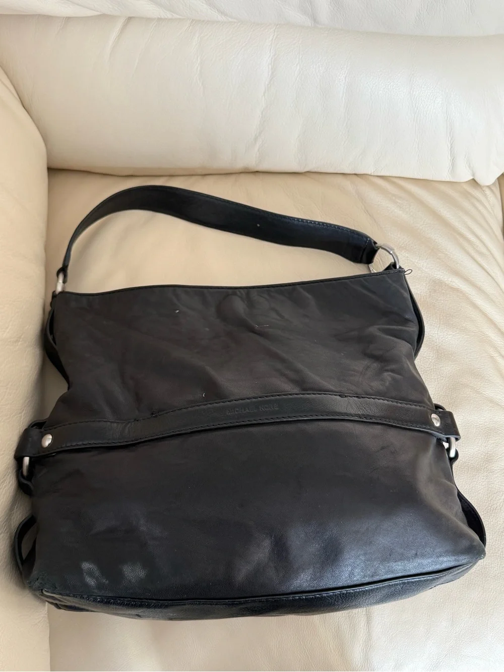 Michael Kors Black Leather Shoulder Bag with MK Logo Charm